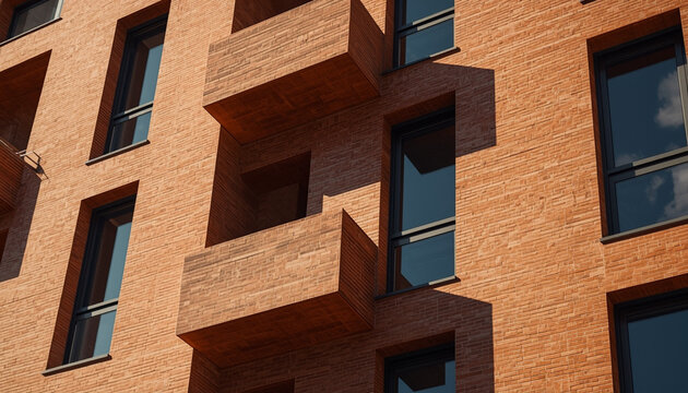 The textured brick facade of a modern building features deep-set windows and protruding balconies creating geometric shadows.