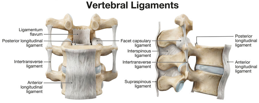 Vertebral ligaments of the spine providing stability, flexibility, and supporting spinal movement and posture, medically illustration, labeled