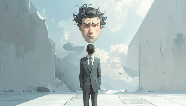 Businessman in disbelief as assets vanish in surreal minimalist scene