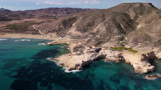 Aerial View of Turquoise Coastal Cliffs, Playazo de Rodalquilar, Almeria