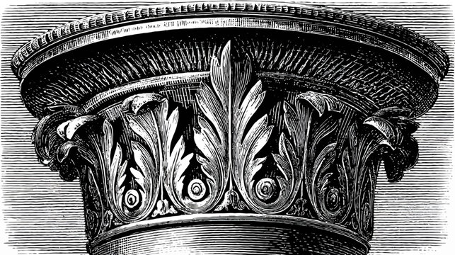 Intricate black and white etching of a classical column capital with floral details
