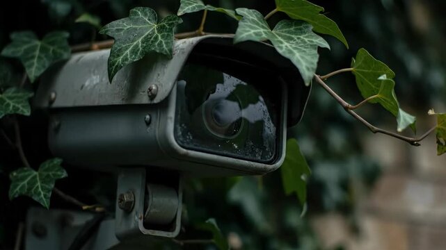 Overgrown surveillance CCTV camera entangled with ivy leaves, symbolizing the conflict between nature and modern security monitoring.