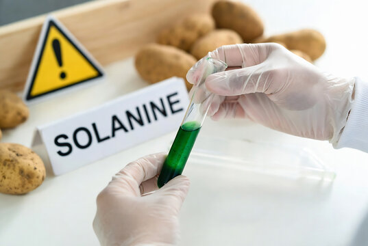 A scientist is testing potatoes for solanine, a toxic alkaloid found in nightshade plants, with gloves and a test tube.