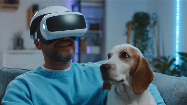 AI and AIGEN technology. Man wearing virtual reality headset sits on a couch with a beagle dog beside him cozy living room background concept of home technology fun.