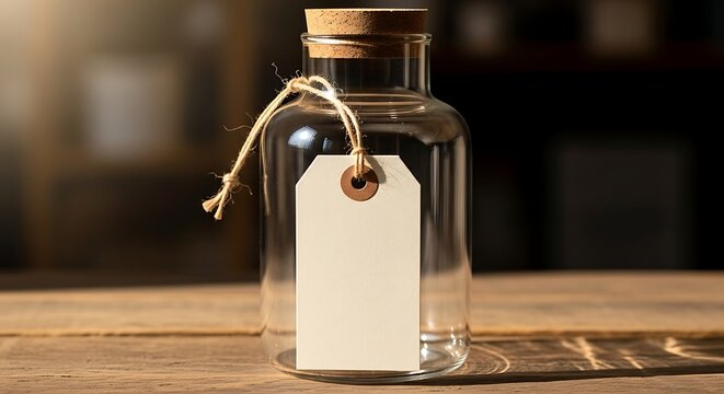Glass bottle with blank tag on wooden table in dimly lit room