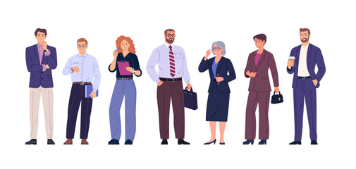 Obraz premium Business Team Collection. Vector cartoon illustration of a group of diverse people in business outfits standing together. Isolated on a transparent background.
