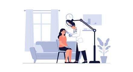 Fototapeta premium Dermatologist examines patient's skin with magnifying lamp in a clinic examination room.