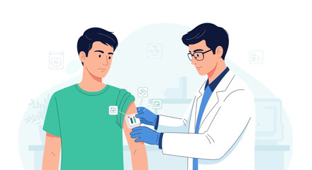 Fototapeta premium Doctor applying sensor patch to patient's arm for health monitoring, modern healthcare concept