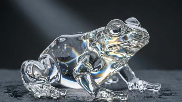 Transparent glass frog sculpture on dark background, hyper realistic amphibian figure