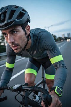 Man cycling aggressively in urban road training session with neon accents