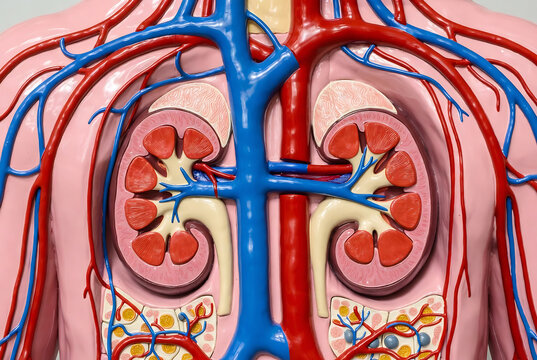 This image depicts a human torso with the kidneys and their associated blood vessels, illustrating renal circulation.