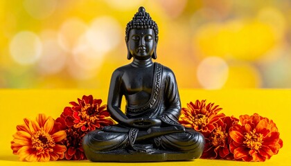 Fototapeta premium Buddha Statue Surrounded by Marigold Flowers on Bright Yellow Background