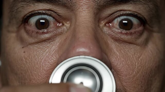 Close-up of man's face shows dilated eyes, intense gaze, and fear expression.