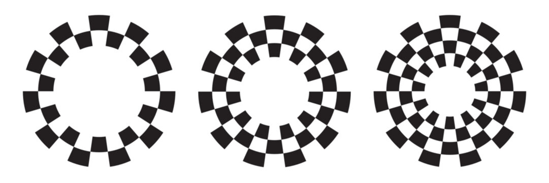 Set of round chequered frames with black and white chessboard pattern. Circles with race flag checkerboard pattern. Vector illistration