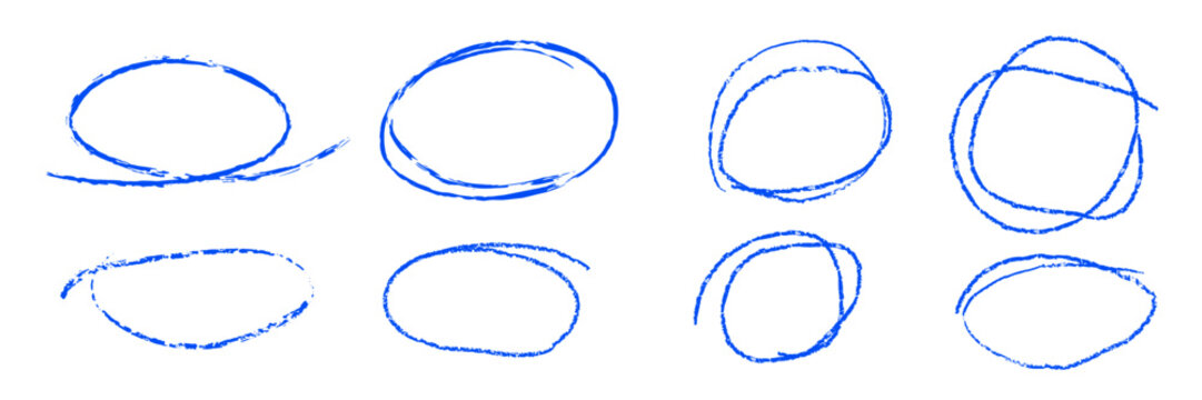 Set of blue felt pen handdrwan encircles in doodle style. Childish crayon ellipses on white bg. Oval scrawl rough highlight  frames for text, speech bubbles or important notes. Vector illustration