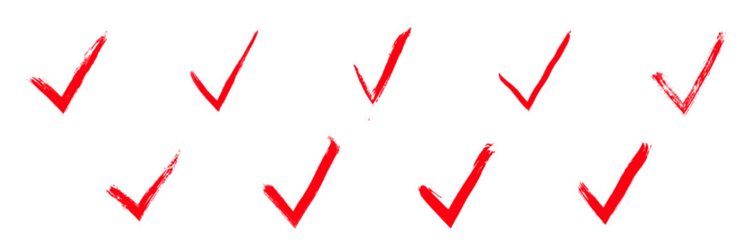 Set of red acril paint check mark with brush texture. Vearious brushstrokes with rough edges. Vector illustration. 
