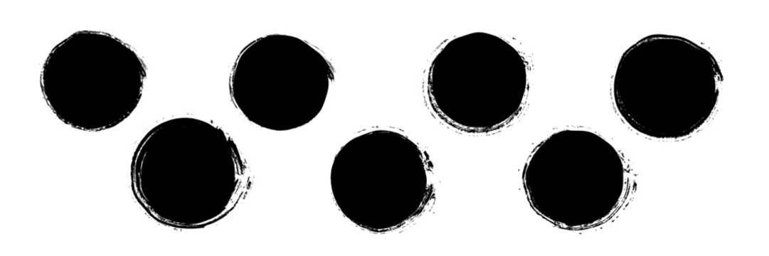 Acrylic or dry watercolor paint circular grunge blobs set. Black circles with textured brush stroke. Round elements with distressed edges. Vector illustration