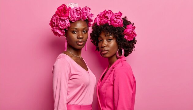 Two Individuals in Monochromatic Pink Outfits with Floral Hairpieces