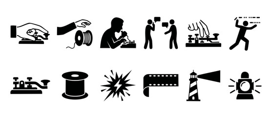 Morse Code Communication Icons Set, Telegraph Technology and Signal Symbols, Vintage Radio Equipment and Visual Alert Elements for Historical Telecom Concepts, Technical Vector Graphic Illustration Co © Fernando