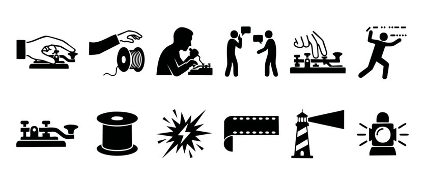 Morse Code Communication Icons Set, Telegraph Technology and Signal Symbols, Vintage Radio Equipment and Visual Alert Elements for Historical Telecom Concepts, Technical Vector Graphic Illustration Co