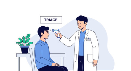 Obraz premium Doctor checks patient's temperature with infrared thermometer at triage station