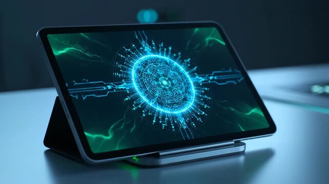 Modern tablet display showing abstract digital data connections and glowing technology interface on a sleek desk.