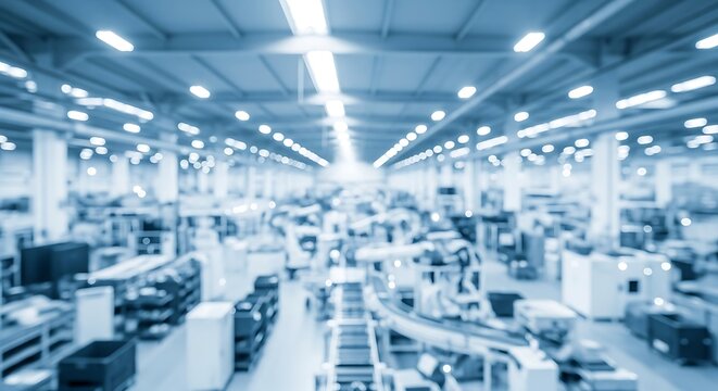 industrial factory background blur with heavy machinery and organized equipment under high ceiling structure for presentation background and industrial design