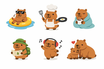 Obraz premium Cute capybara cartoon set: relaxing, cooking, drinking, hiking, dancing, loving