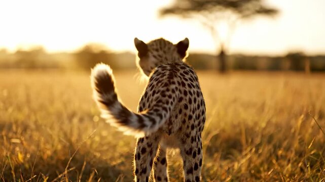 Majestic cheetah walking in the grassy savanna during golden hour safari adventure.