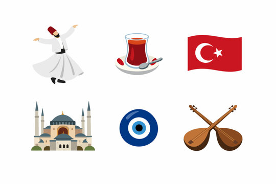 Turkish culture symbols: whirling dervish, tea, flag, mosque, nazar, saz