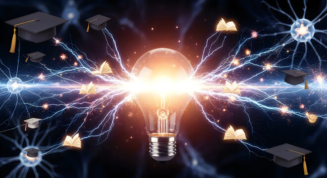 Central light bulb connected by electrical energy to books graduation caps and brain cells representing learning.
