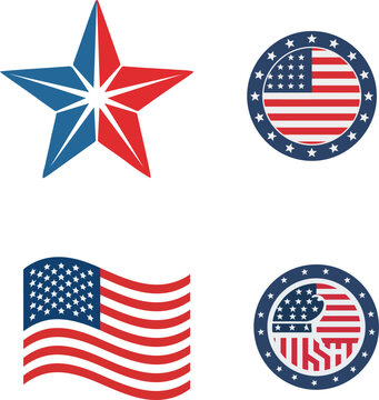 USA Patriotic Star & Flag Vector Icons Set &ndash; American Flag Badge, Star Emblem, Wavy Flag, Eagle Crest &ndash; Red White Blue Flat Design
