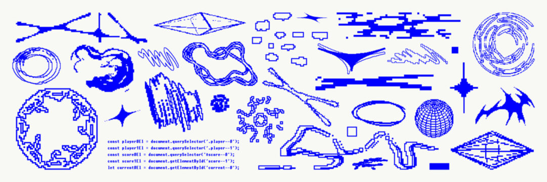 Graphic geometric shape asset pack. Pixelated and bitmap abstract figures in vector for design template, poster, sticker. Isolated blue elements on white background