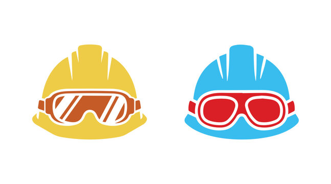 Icon showing a hard hat along with goggles. A construction helmet with a safety mask represented as a vector symbol. An isolated illustration of an engineer's hat with protection glasses.