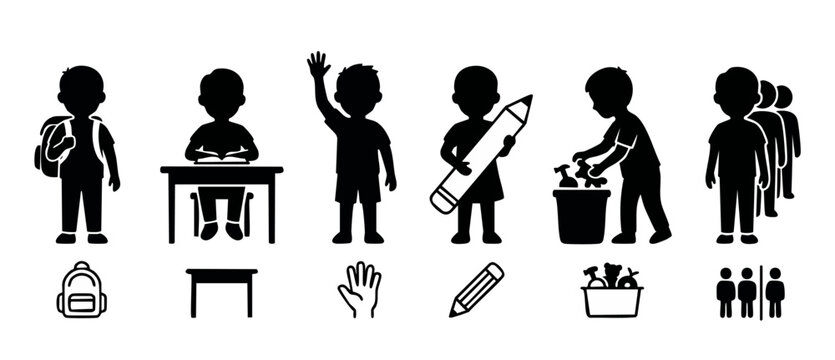 School Children Silhouettes Set with Backpack, Desk, Hand Raising, Pencil, Toys, and Queue Line for Classroom Activities and Education Concepts, Isolated Black Vector Icons on White Background Design