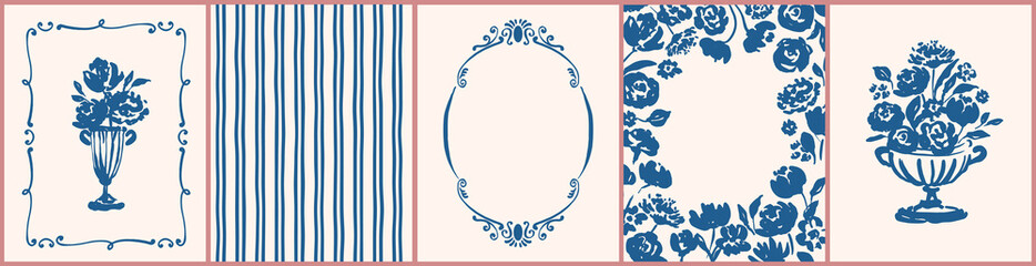 Set of cards, covers, patterns with hand drawn cute flowers, vases, stripes. Naive, simple art design. Spring, summer botanical vector illustration. Cottagecore, country vintage style.