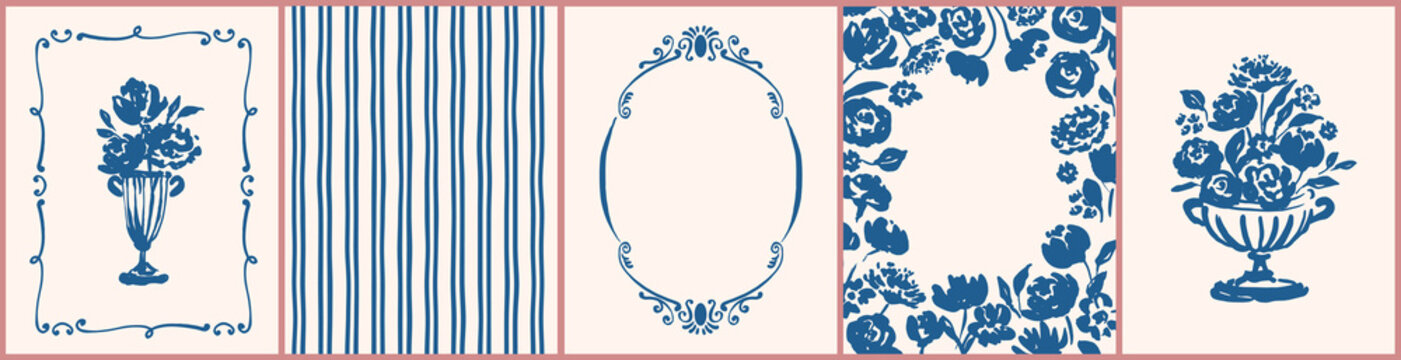 Set of cards, covers, patterns with hand drawn cute flowers, vases, stripes. Naive, simple art design. Spring, summer botanical vector illustration. Cottagecore, country vintage style.