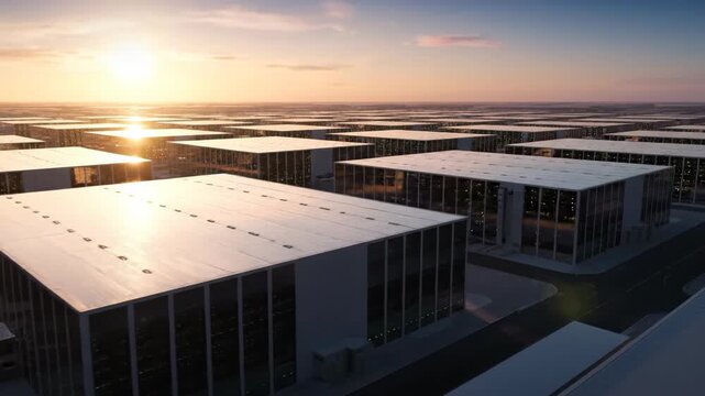 Modern corporate campus architecture at sunrise. A panoramic view of large commercial development and future urban planning.