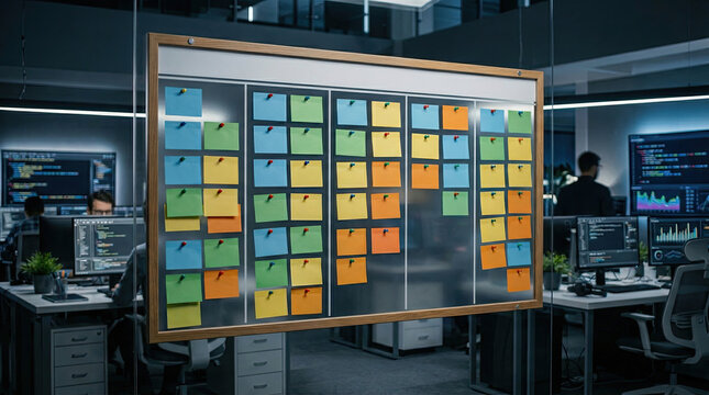 Agile scrum board with paper task for software development team methodologies concept. Colorful sticky notes organized on a board in a modern office.