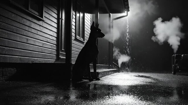 Black and White Silhouette of a Doberman Dog Sitting in the Rain Near a Wooden House at Night