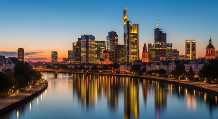 Naklejka premium Frankfurt Skyline at Dusk with River Main Reflections, Germany