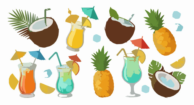 Tropical summer cocktail flat vector illustration set with coconut pineapple exotic drinks and beach umbrellas for vacation and bar designs.