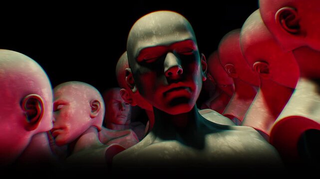 A dark looping background of endless rows of hollow mannequin style humanoid clones.