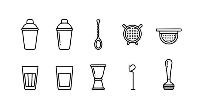 Professional bartender barware tools line icons set featuring cocktail shaker strainer jigger muddler and mixing spoon for drink preparation menu designs.