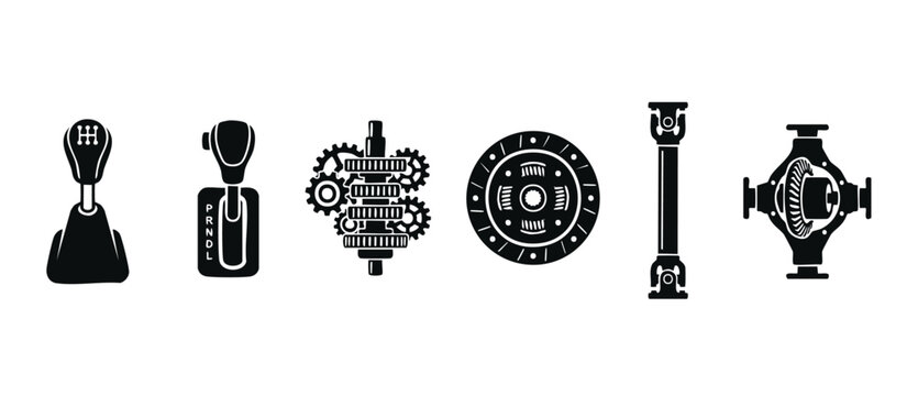 Car transmission parts and gear icons set - Automotive mechanical drivetrain components including manual stick shifter, automatic gear selector, clutch plate, drive shaft and differential housing asse