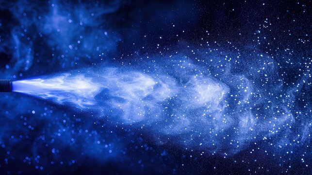 Intense blue gas emitting from a nozzle with sparkling particles, against a dark backdrop