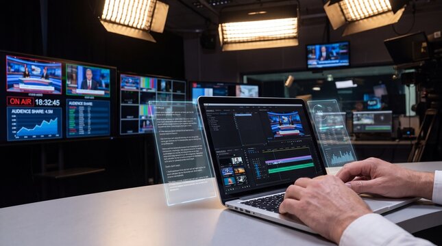 Person working on computer with augmented reality virtual screens and floating data symbols