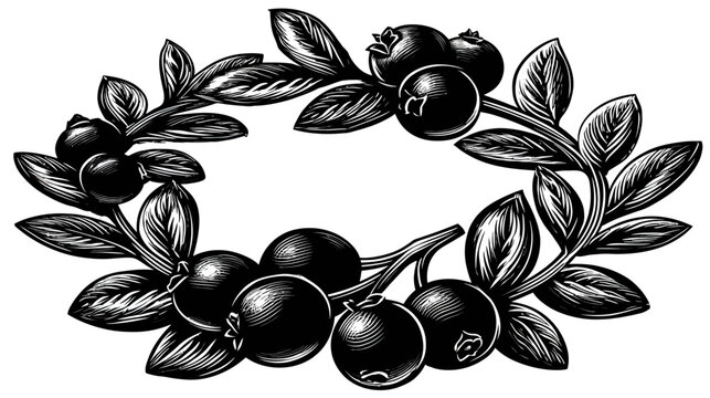 Black and white drawing of a wreath of blueberries and leaves, creating a frame