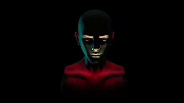 A hollow mannequin style humanoid clone in the darkness.