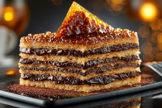 Slice of Dobos torte cake with chocolate layers and caramel topping